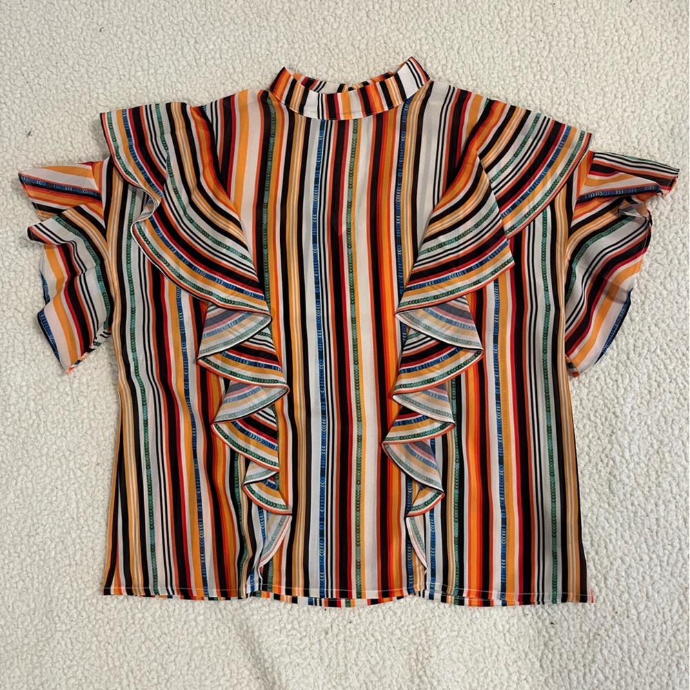 Medium, multicolored striped top. Jealous Tomato